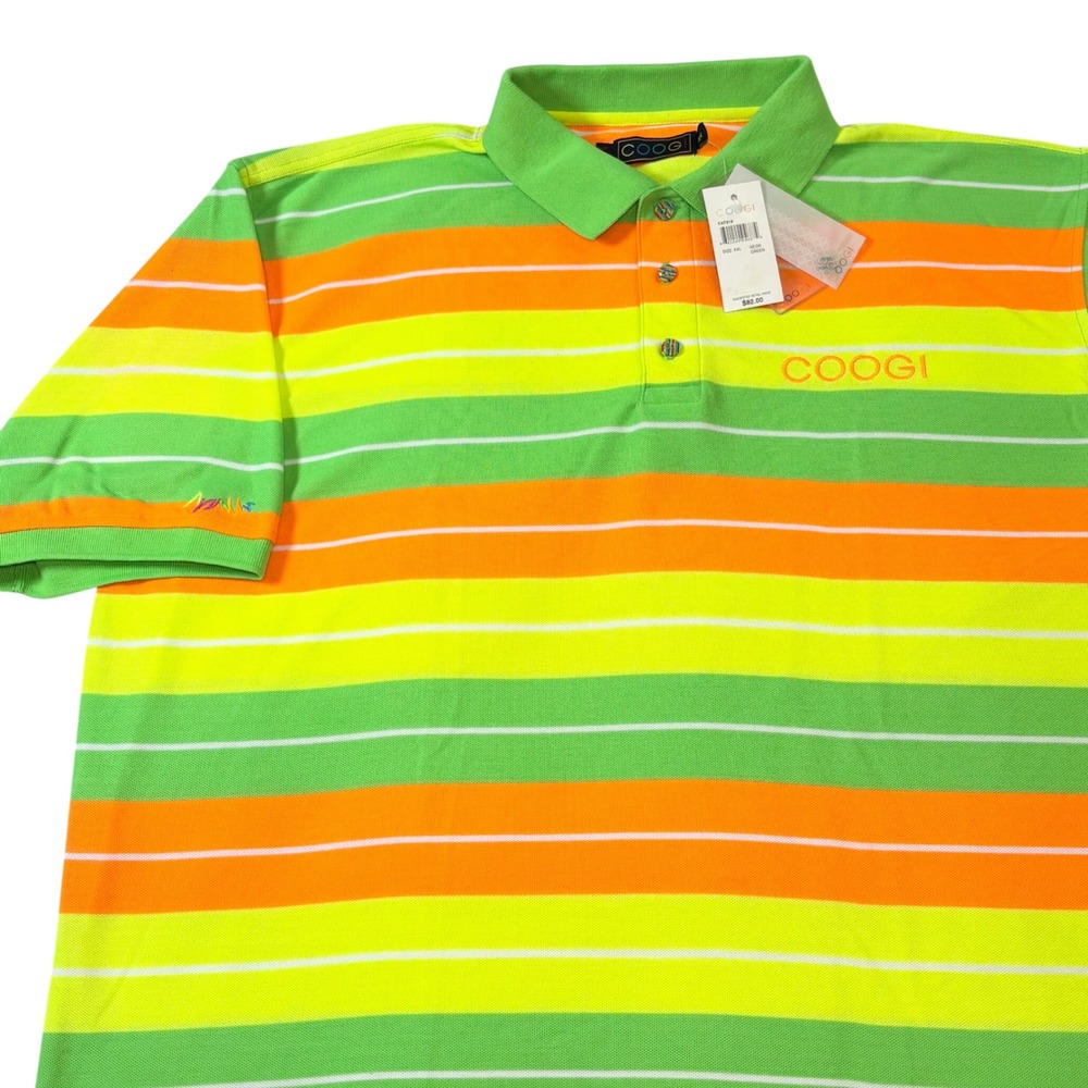 COOGI Polo Shirt men's xxl Green Orange Yellow striped neon